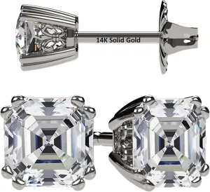 NANA Jewels Asscher Cut 14K Solid Gold Posts & Sterling Silver Simulated Diamond Stud Earrings 0.75 to 4.00ctw CZ