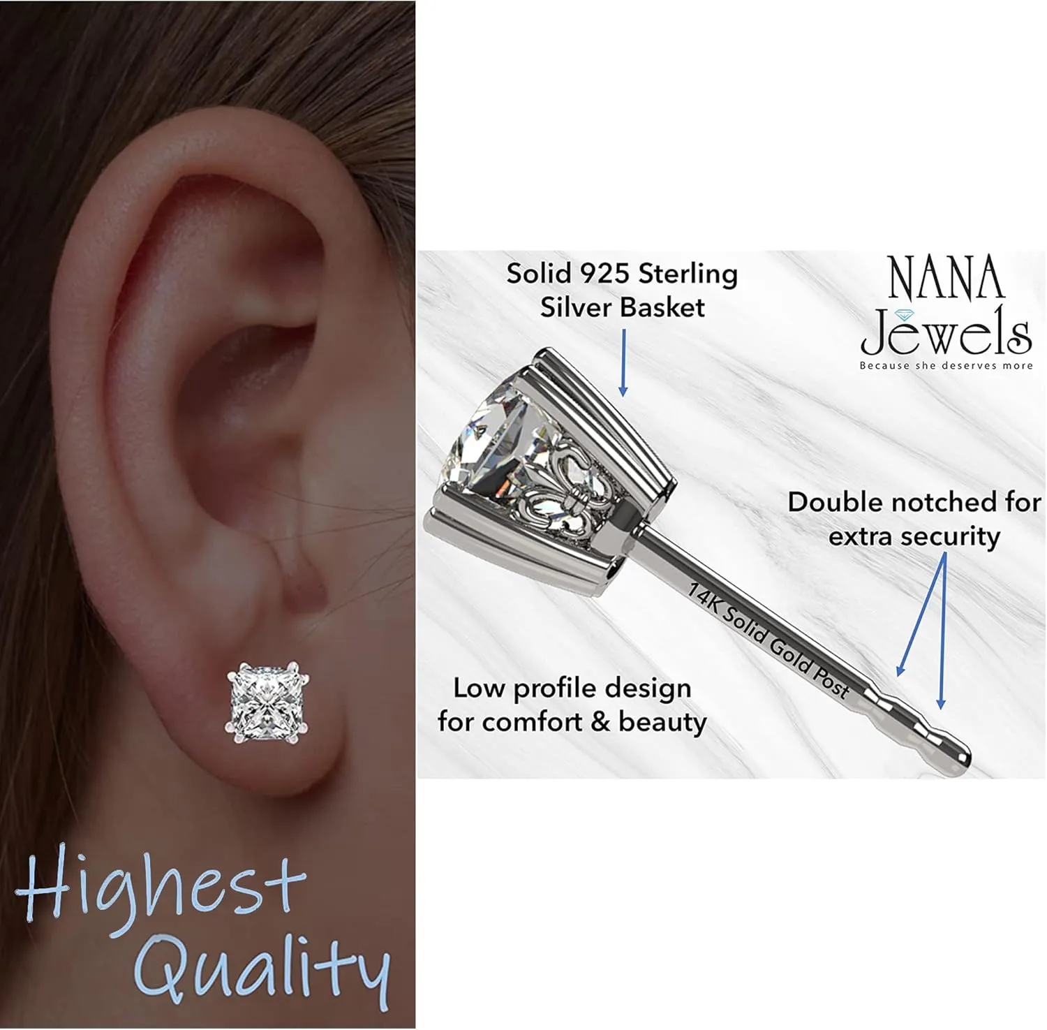NANA Jewels Asscher Cut 14K Solid Gold Posts & Sterling Silver Simulated Diamond Stud Earrings 0.75 to 4.00ctw CZ