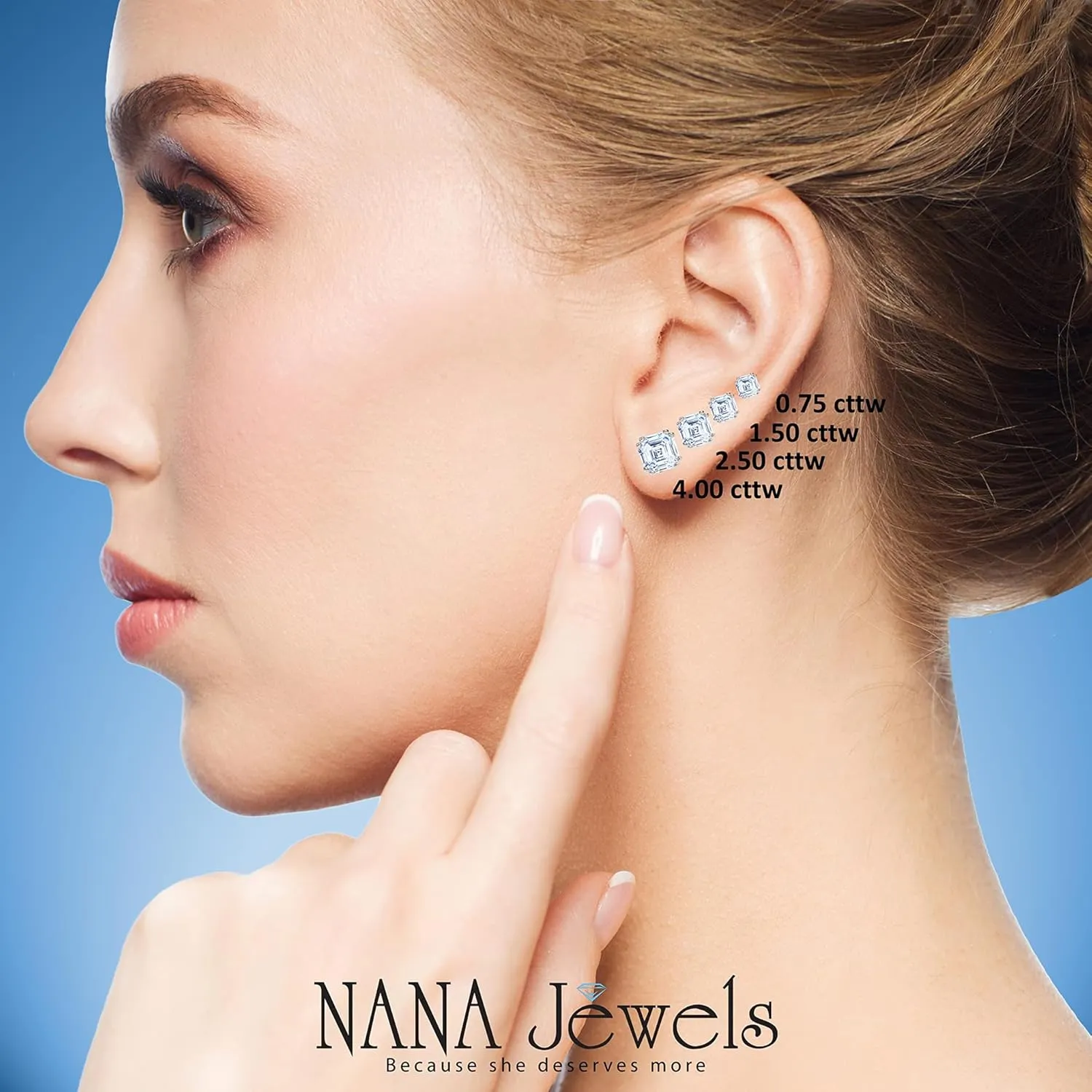 NANA Jewels Asscher Cut 14K Solid Gold Posts & Sterling Silver Simulated Diamond Stud Earrings 0.75 to 4.00ctw CZ