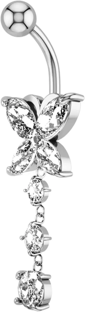 Navel Ring Surgical Stainless Steel, CZ Surgical Navel Rings for Women Butterfly Pendant Silver Belly Rings
