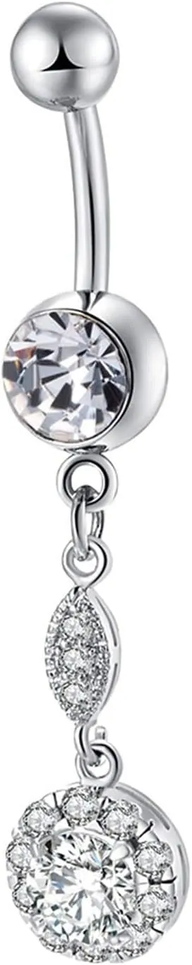 Navel Rings For Women, Belly Button Rings Dangle Stainless Steel Belly Button Rings Long Round Cubic Zirconia Belly Button Ring Silver