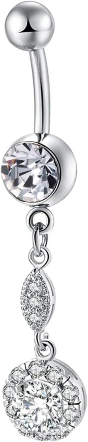 Navel Rings For Women, Belly Button Rings Dangle Stainless Steel Belly Button Rings Long Round Cubic Zirconia Belly Button Ring Silver