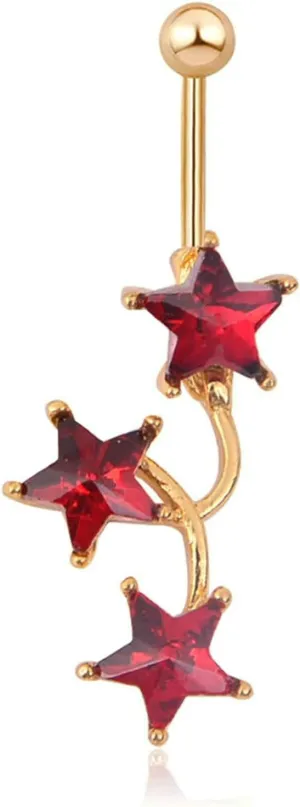 Navel Rings for Women Stainless Steel, CZ Long Navel Rings for Women Red Stars Pendant Red Belly Rings