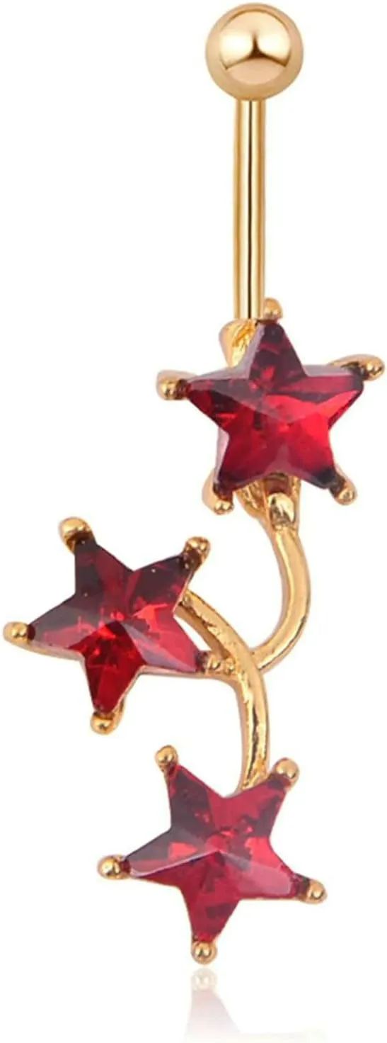 Navel Rings for Women Stainless Steel, CZ Long Navel Rings for Women Red Stars Pendant Red Belly Rings