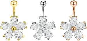 Navel Rings Surgical Steel for Women, 3pcs Navel Rings Women Tricolor Cubic Zirconia Studs 14G Sexy Dangly Belly Button Rings Flower