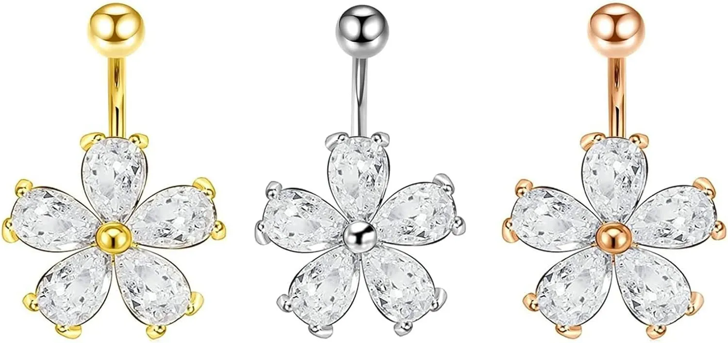 Navel Rings Surgical Steel for Women, 3pcs Navel Rings Women Tricolor Cubic Zirconia Studs 14G Sexy Dangly Belly Button Rings Flower