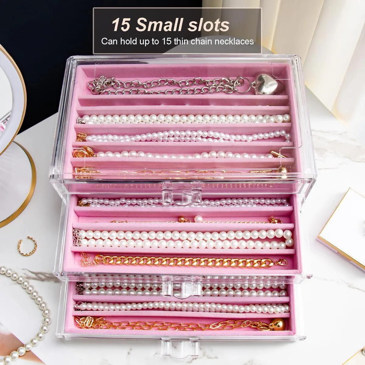 Necklace Holder Organizer, Dustproof Necklace Box Velvet Necklace Organizer Box with Lid Clear Acrylic Dustproof Stackable Jewelry Displays for Necklaces Chain Display (Pink, 3 Drawer)