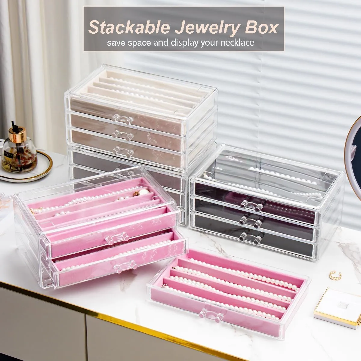 Necklace Holder Organizer, Dustproof Necklace Box Velvet Necklace Organizer Box with Lid Clear Acrylic Dustproof Stackable Jewelry Displays for Necklaces Chain Display (Pink, 3 Drawer)