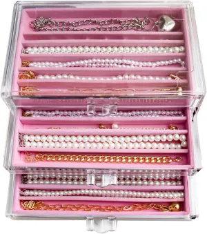 Necklace Holder Organizer, Dustproof Necklace Box Velvet Necklace Organizer Box with Lid Clear Acrylic Dustproof Stackable Jewelry Displays for Necklaces Chain Display (Pink, 3 Drawer)