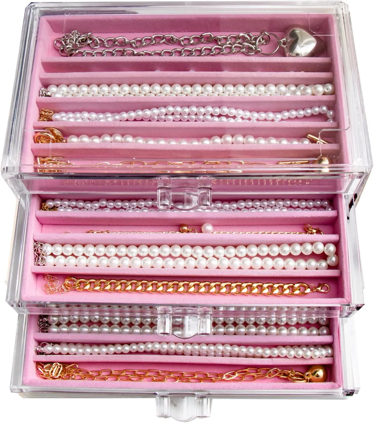 Necklace Holder Organizer, Dustproof Necklace Box Velvet Necklace Organizer Box with Lid Clear Acrylic Dustproof Stackable Jewelry Displays for Necklaces Chain Display (Pink, 3 Drawer)