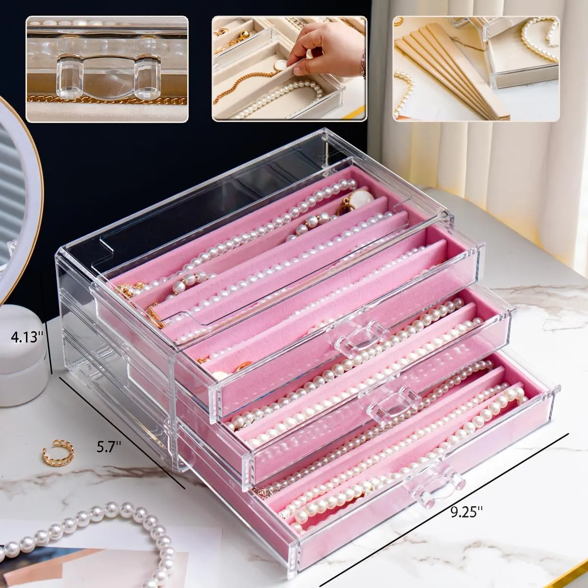 Necklace Holder Organizer, Dustproof Necklace Box Velvet Necklace Organizer Box with Lid Clear Acrylic Dustproof Stackable Jewelry Displays for Necklaces Chain Display (Pink, 3 Drawer)