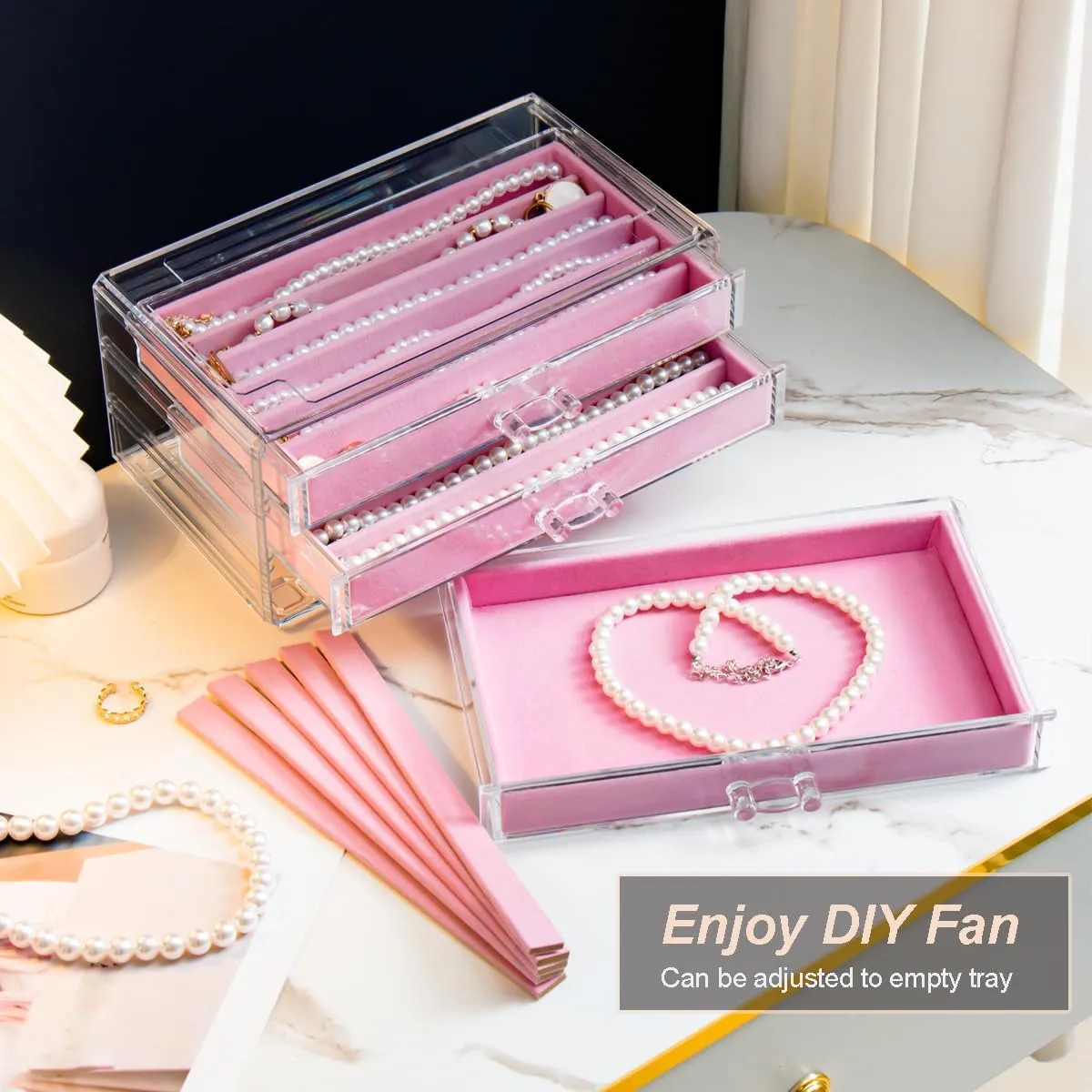 Necklace Holder Organizer, Dustproof Necklace Box Velvet Necklace Organizer Box with Lid Clear Acrylic Dustproof Stackable Jewelry Displays for Necklaces Chain Display (Pink, 3 Drawer)
