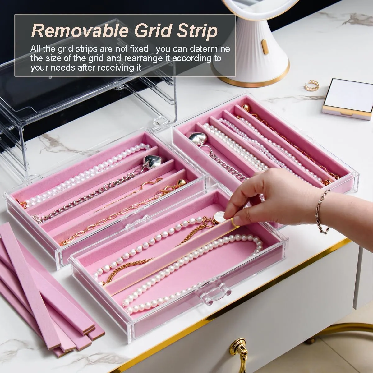 Necklace Holder Organizer, Dustproof Necklace Box Velvet Necklace Organizer Box with Lid Clear Acrylic Dustproof Stackable Jewelry Displays for Necklaces Chain Display (Pink, 3 Drawer)