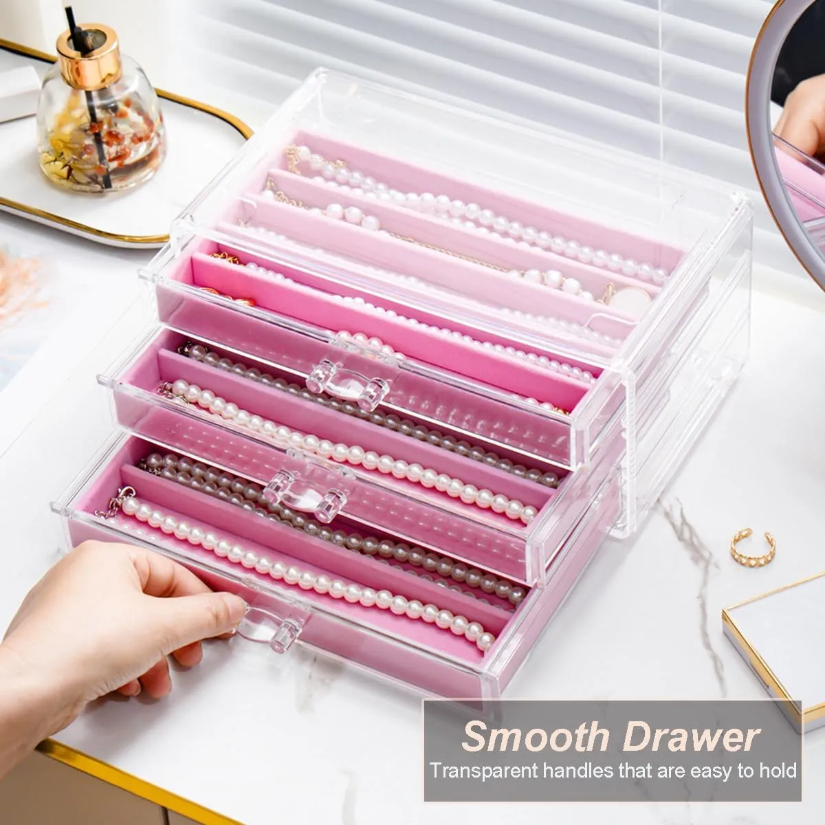 Necklace Holder Organizer, Dustproof Necklace Box Velvet Necklace Organizer Box with Lid Clear Acrylic Dustproof Stackable Jewelry Displays for Necklaces Chain Display (Pink, 3 Drawer)