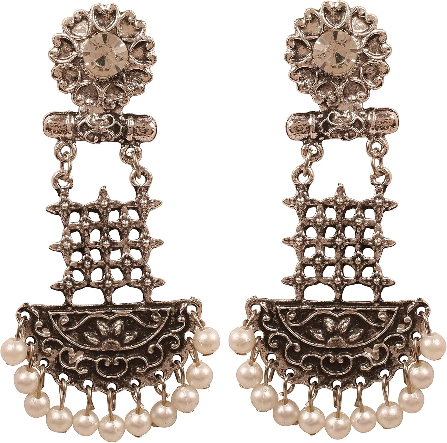 New! Touchstone " Indian Oxidized Jewelry" Finely Handcrafted By Artisans Filigree Faux Pearls Tribal Gypsy Long Designer Jewelry Earrings In Oxidized Finish For Women.
