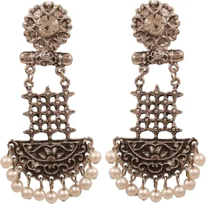 New! Touchstone " Indian Oxidized Jewelry" Finely Handcrafted By Artisans Filigree Faux Pearls Tribal Gypsy Long Designer Jewelry Earrings In Oxidized Finish For Women.