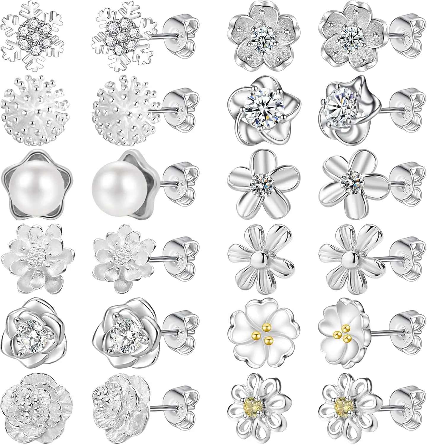 NEWITIN 12 Pairs Silver Stud Earrings for Women Hypoallergenic Earring Sterling Silver Post 316L Stainless Steel Inlaid Cubic Zirconia Studs Earring Diamond Halo Stud Earrings for Women Men