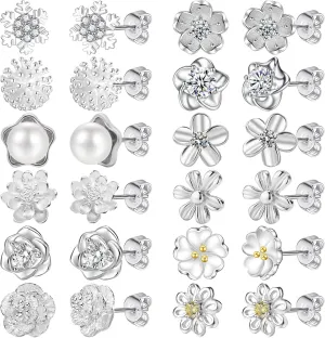 NEWITIN 12 Pairs Silver Stud Earrings for Women Hypoallergenic Earring Sterling Silver Post 316L Stainless Steel Inlaid Cubic Zirconia Studs Earring Diamond Halo Stud Earrings for Women Men