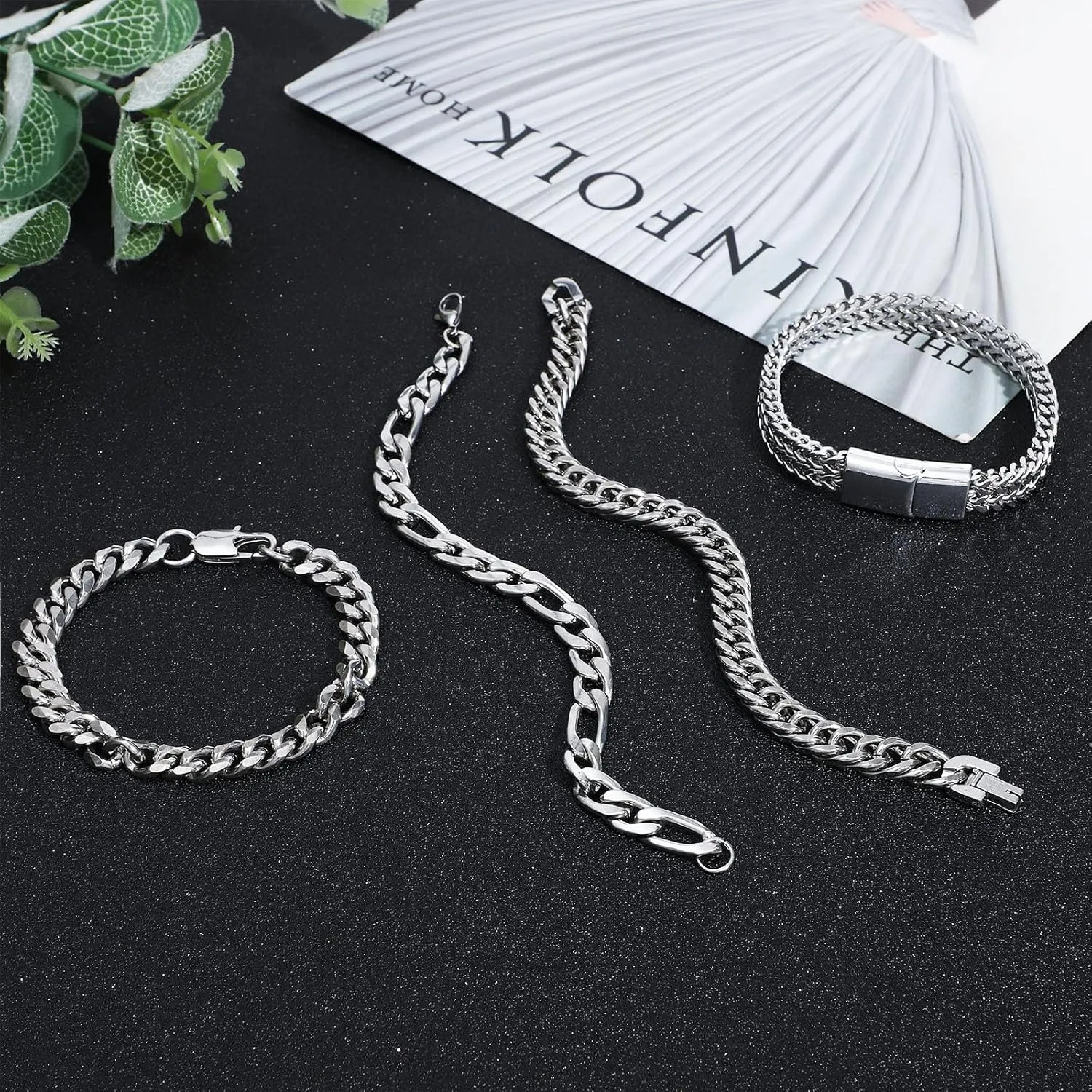 NEWITIN 7 Pieces Silver Jewelry Set for Men Stainless Steel Cuban Link Necklace Bracelet Vintage Ring Cuban Jewelry Set for Men Women