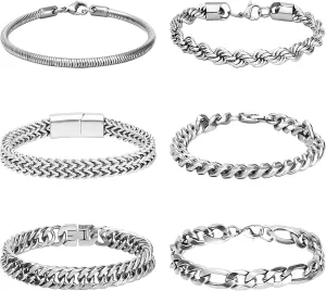 NEWITIN 7 Pieces Silver Jewelry Set for Men Stainless Steel Cuban Link Necklace Bracelet Vintage Ring Cuban Jewelry Set for Men Women