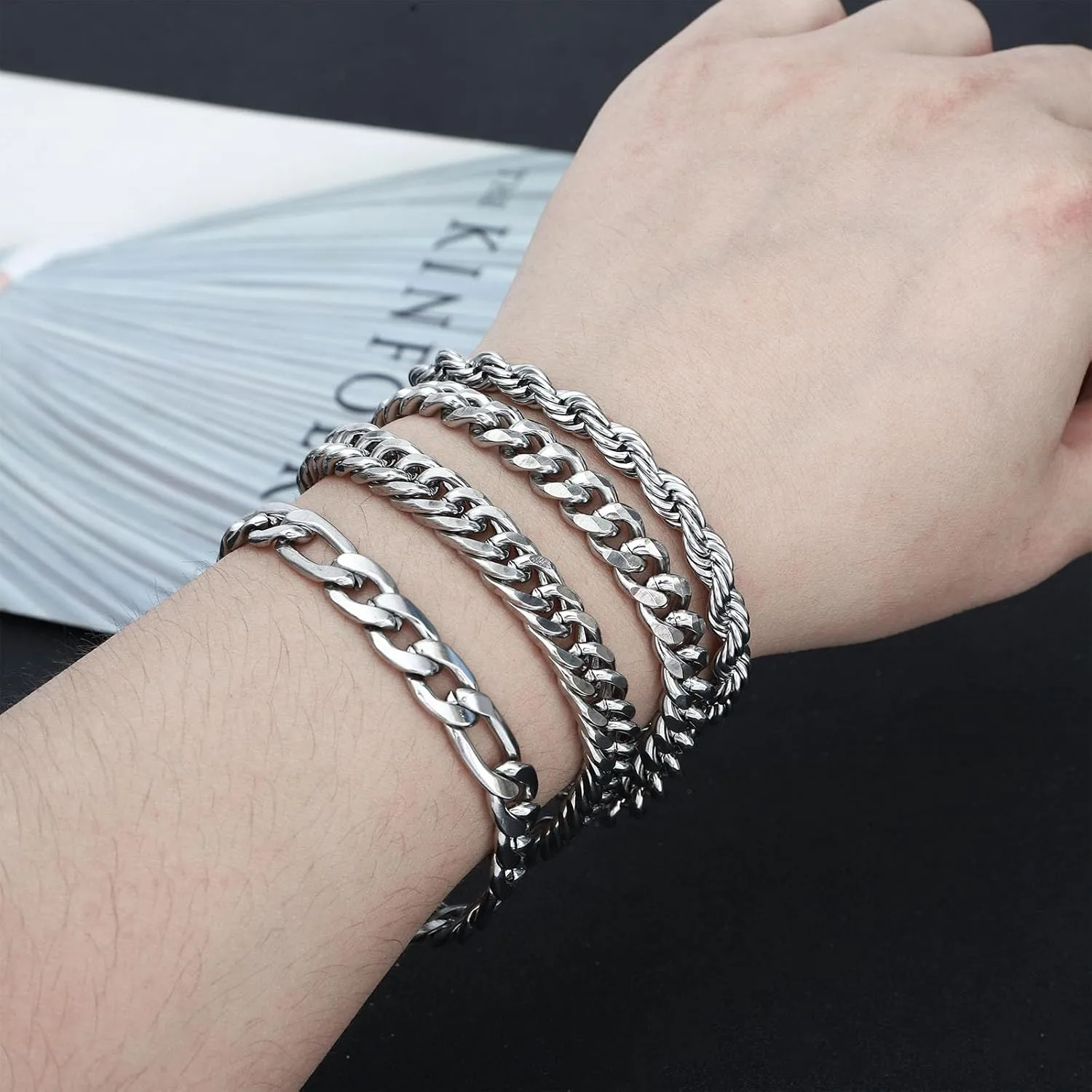 NEWITIN 7 Pieces Silver Jewelry Set for Men Stainless Steel Cuban Link Necklace Bracelet Vintage Ring Cuban Jewelry Set for Men Women