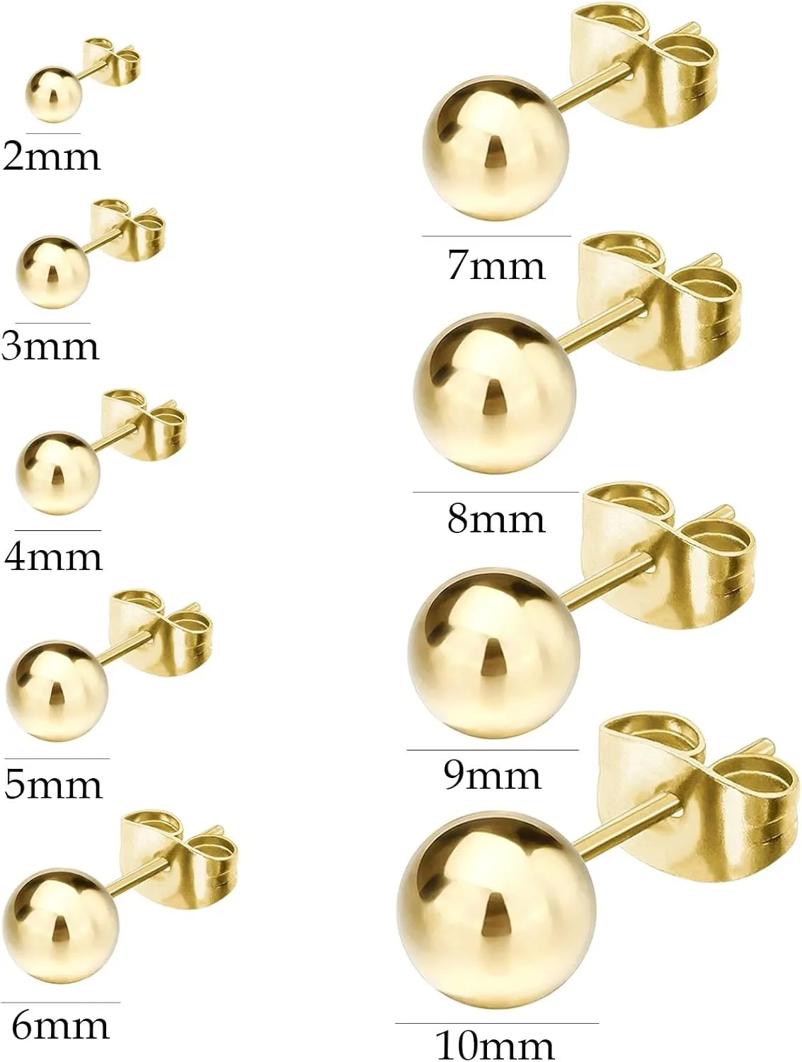NEWITIN 9 Pairs Gold Ball Stud Earrings for Women Hypoallergenic Earring 18K Gold Plated Ball Earrings Set 2-10 MM Small Studs for Women Men