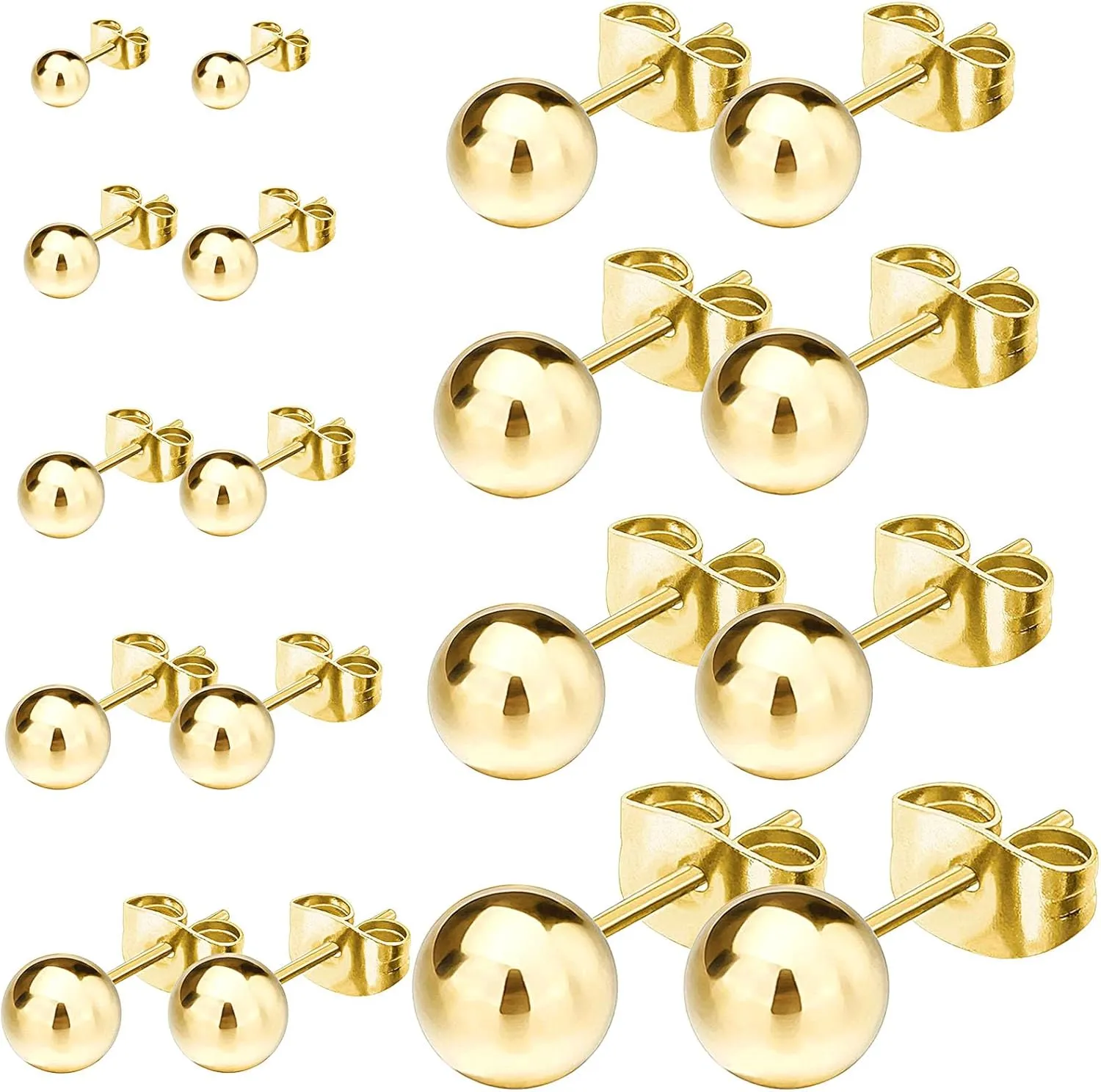 NEWITIN 9 Pairs Gold Ball Stud Earrings for Women Hypoallergenic Earring 18K Gold Plated Ball Earrings Set 2-10 MM Small Studs for Women Men