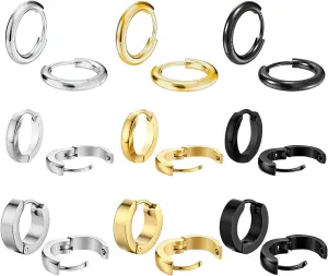 NEWITIN 9 Pairs Stainless Steel Hoop Earrings for Men Hypoallergenic Earring Huggie Cartilage Earring Set Gold Silver Black Small Hoop Earrings for Women Men
