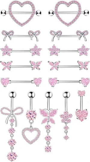 Nipple and Belly Button Ring Set Pink Nipple Belly Piercing Jewelry 14G Surgical Stainless Steel Heart Bow Flower Butterfly Nipple Belly Rings Valentine's Day Present