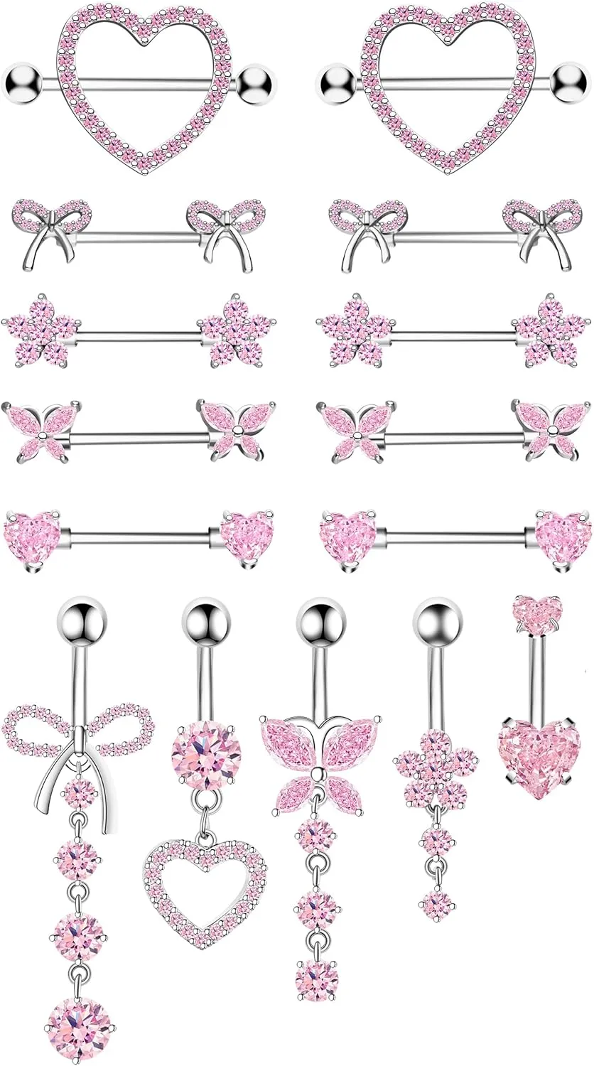 Nipple and Belly Button Ring Set Pink Nipple Belly Piercing Jewelry 14G Surgical Stainless Steel Heart Bow Flower Butterfly Nipple Belly Rings Valentine's Day Present