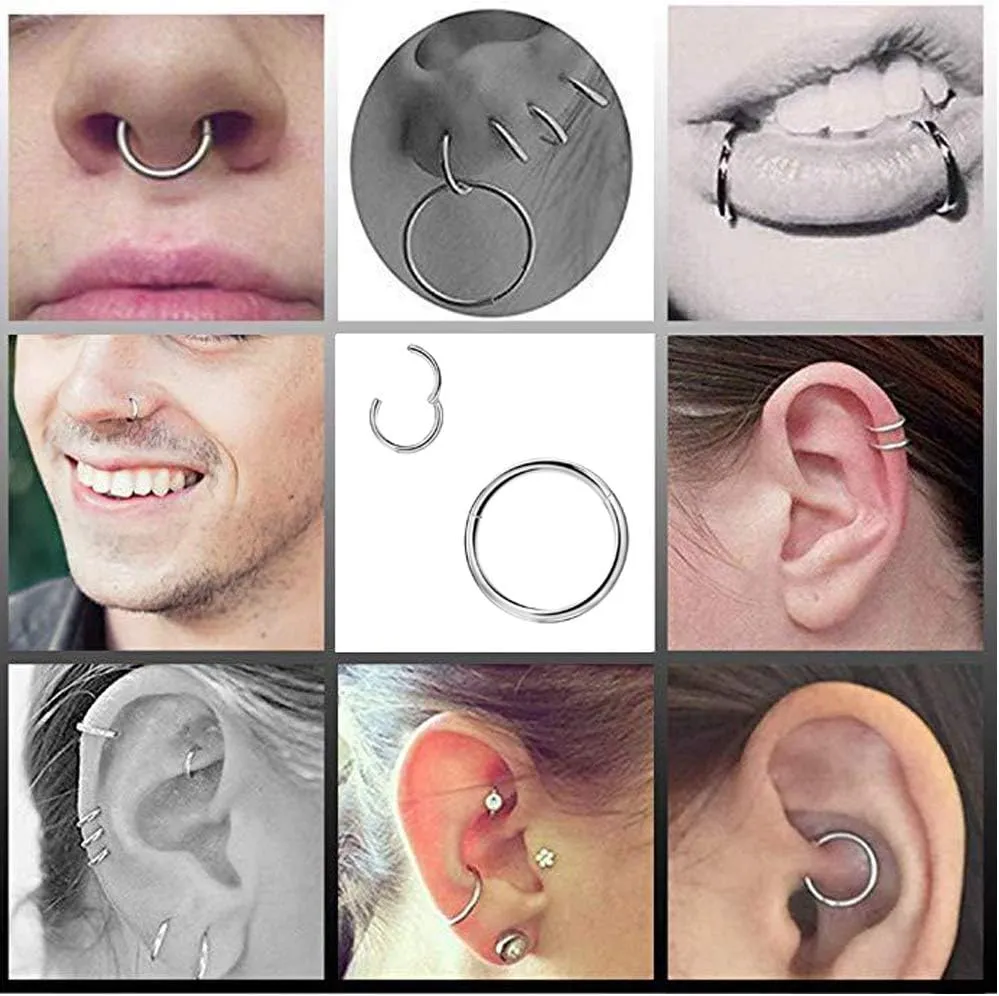 Nose Ring Septum Hoop 20G/18G/16G/14G/12G 316L Surgical Stainless Steel Hinged Seamless Earrings, Diameter 5MM-16MM, Gold/Silver/Black/Rose Gold/Rainbow Color