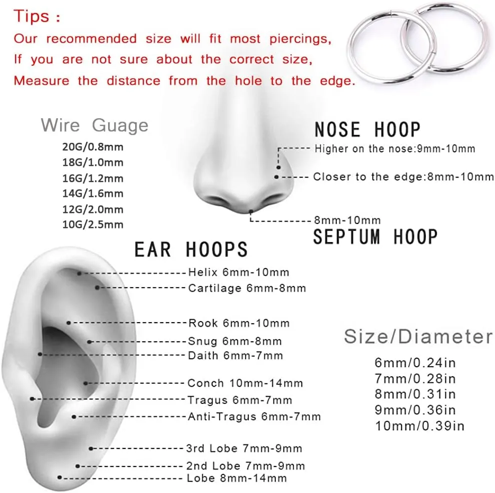Nose Ring Septum Hoop 20G/18G/16G/14G/12G 316L Surgical Stainless Steel Hinged Seamless Earrings, Diameter 5MM-16MM, Gold/Silver/Black/Rose Gold/Rainbow Color