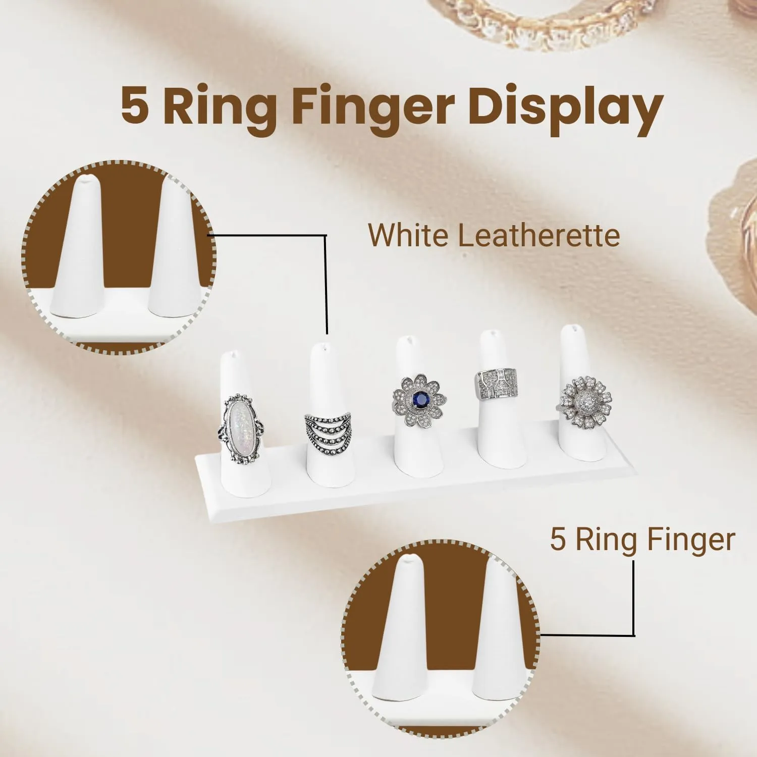 Novel Box White Leatherette Jewelry 5 Rings Finger Display Stand 8x2.12x2.2 Inches with Square Base - Ring Holder Organizer Stand for Selling or Personal Use - Display Stands for Rings