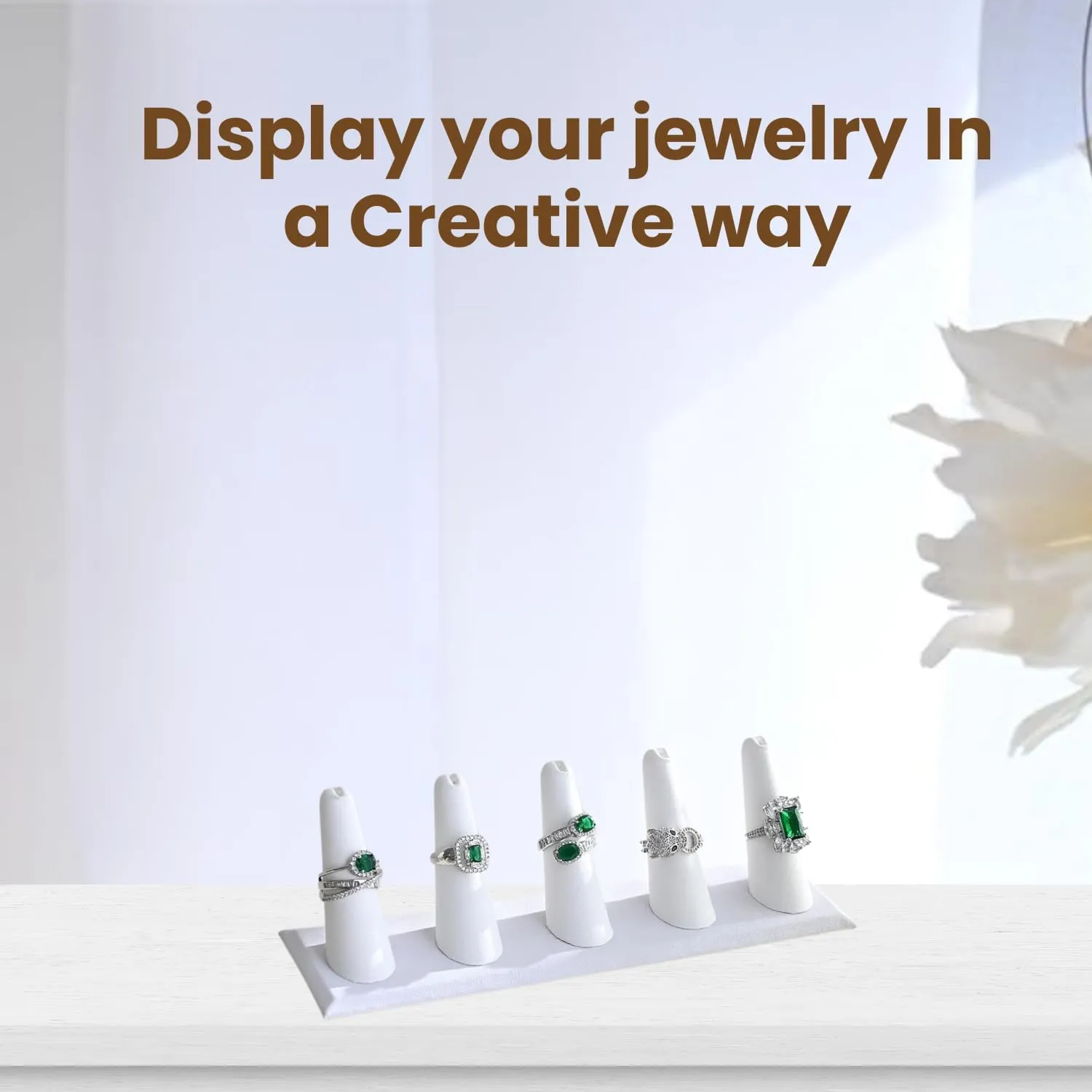 Novel Box White Leatherette Jewelry 5 Rings Finger Display Stand 8x2.12x2.2 Inches with Square Base - Ring Holder Organizer Stand for Selling or Personal Use - Display Stands for Rings