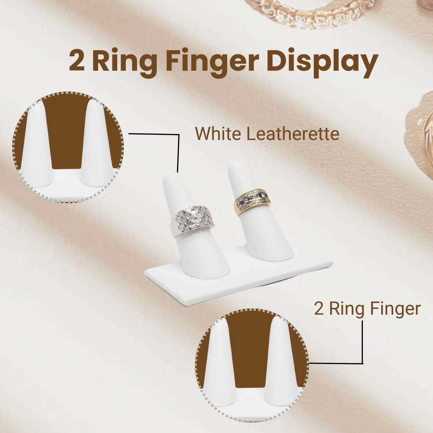 Novel Box White Leatherette Jewelry Ring Finger Display Stand 3.62x2.12x2.25 Inches with Square Base - Ring Holder Organizer Stand for Selling or Personal Use - Display Stands for Rings