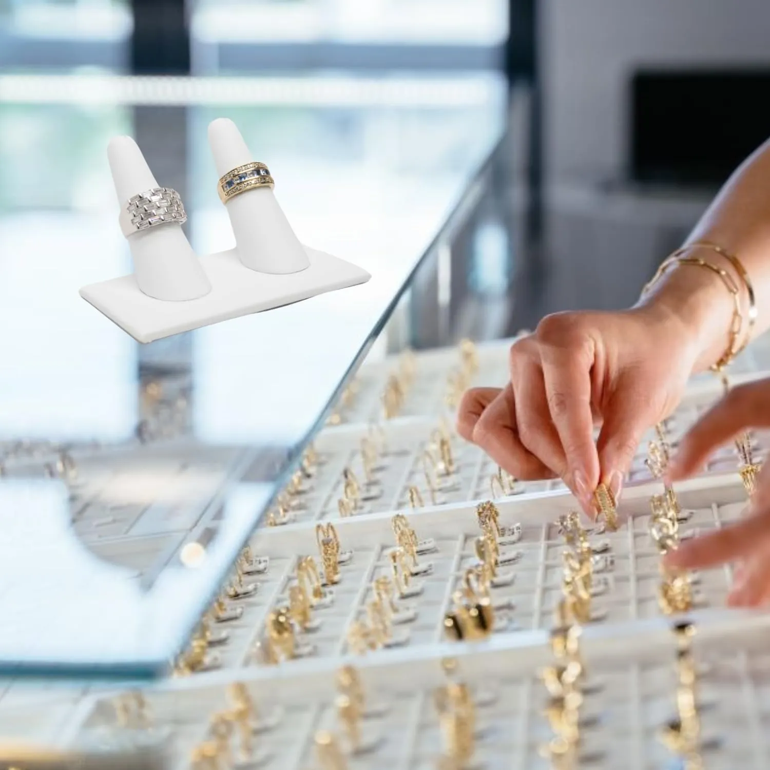 Novel Box White Leatherette Jewelry Ring Finger Display Stand 3.62x2.12x2.25 Inches with Square Base - Ring Holder Organizer Stand for Selling or Personal Use - Display Stands for Rings