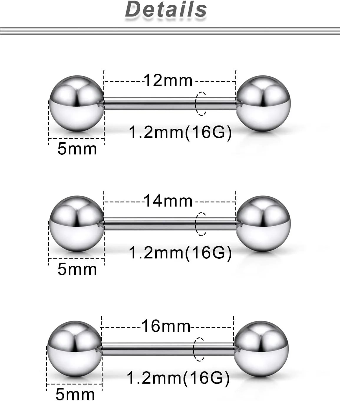 Ocptiy 16G 14G 12G Titanium Tongue Rings Nipple Piercing Jewelry Externally/Internally Threaded G23 Hypaollergenic Nipple Tongue Barbells Piercing Jewelry for Women Men 12mm 14mm 16mm 19mm Bars