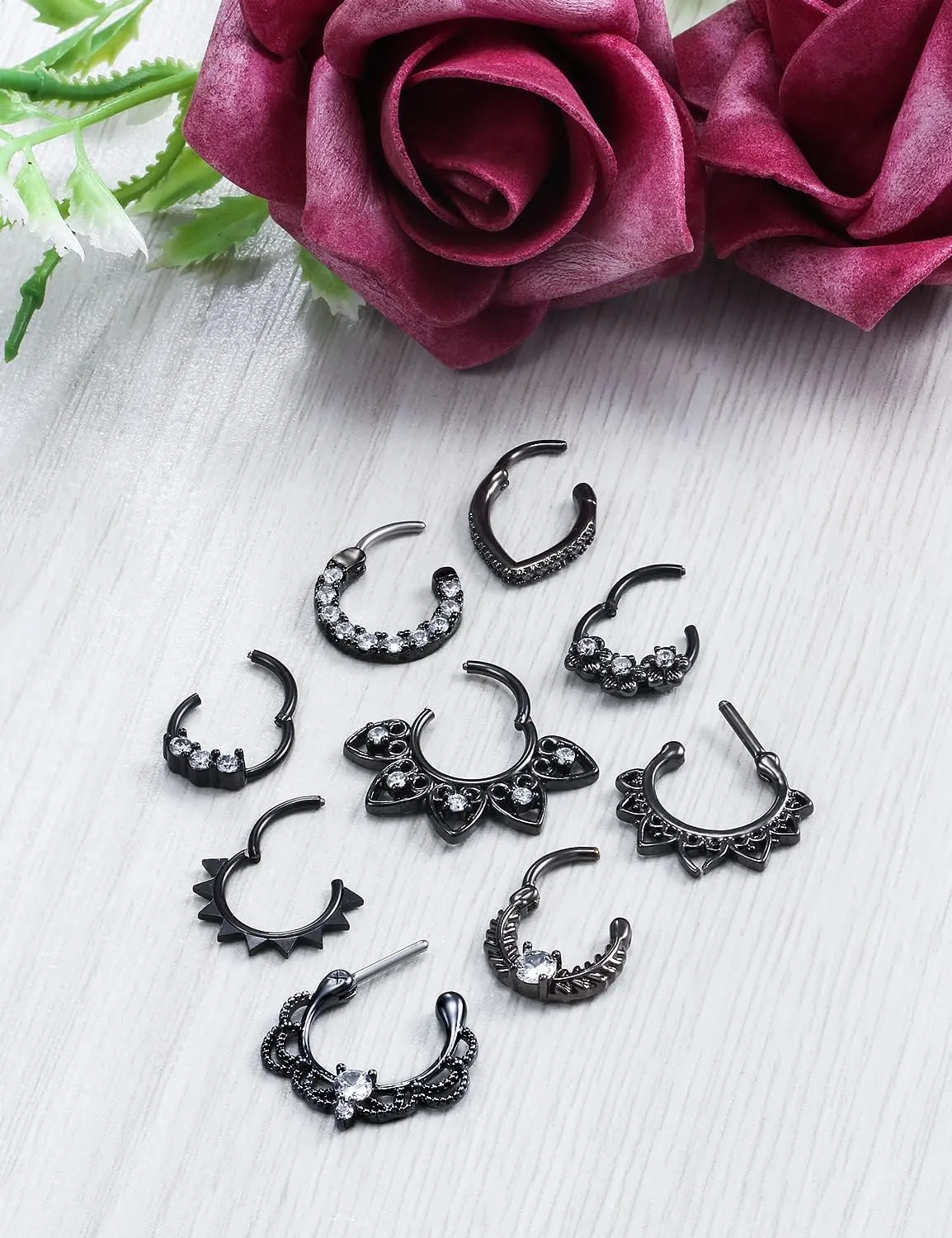 Ocptiy 16G Hinged Septum Clicker 316L Surgical Steel Septum Nose Rings Earrings Hoops Piercing Jewelry for Men Women 10mm 9pcs