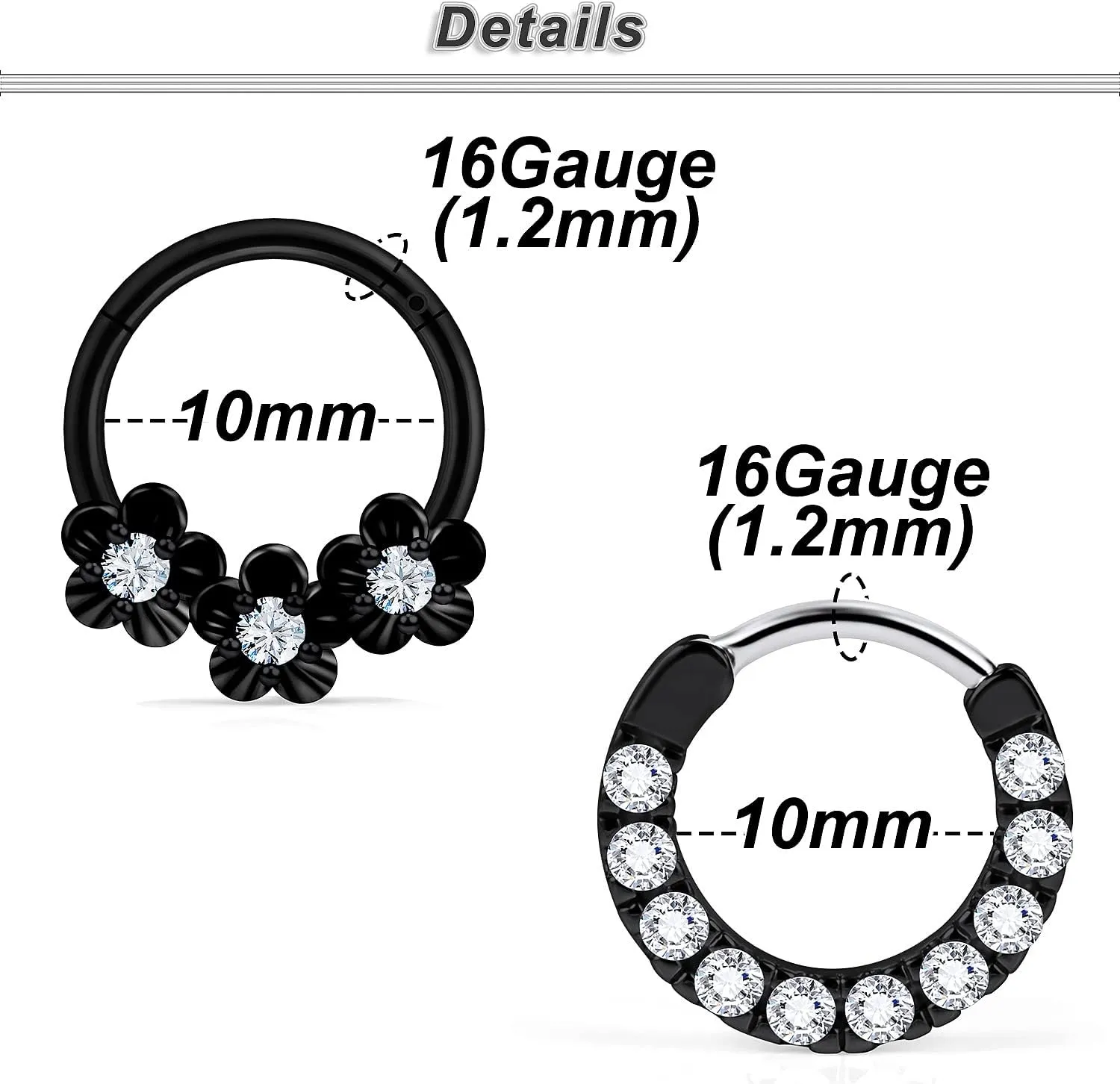 Ocptiy 16G Hinged Septum Clicker 316L Surgical Steel Septum Nose Rings Earrings Hoops Piercing Jewelry for Men Women 10mm 9pcs