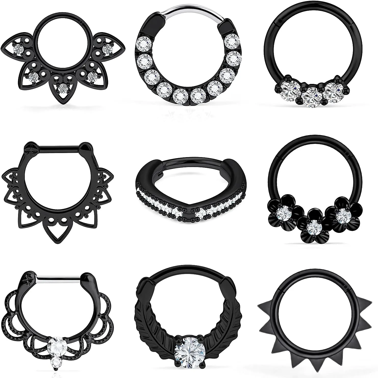 Ocptiy 16G Hinged Septum Clicker 316L Surgical Steel Septum Nose Rings Earrings Hoops Piercing Jewelry for Men Women 10mm 9pcs