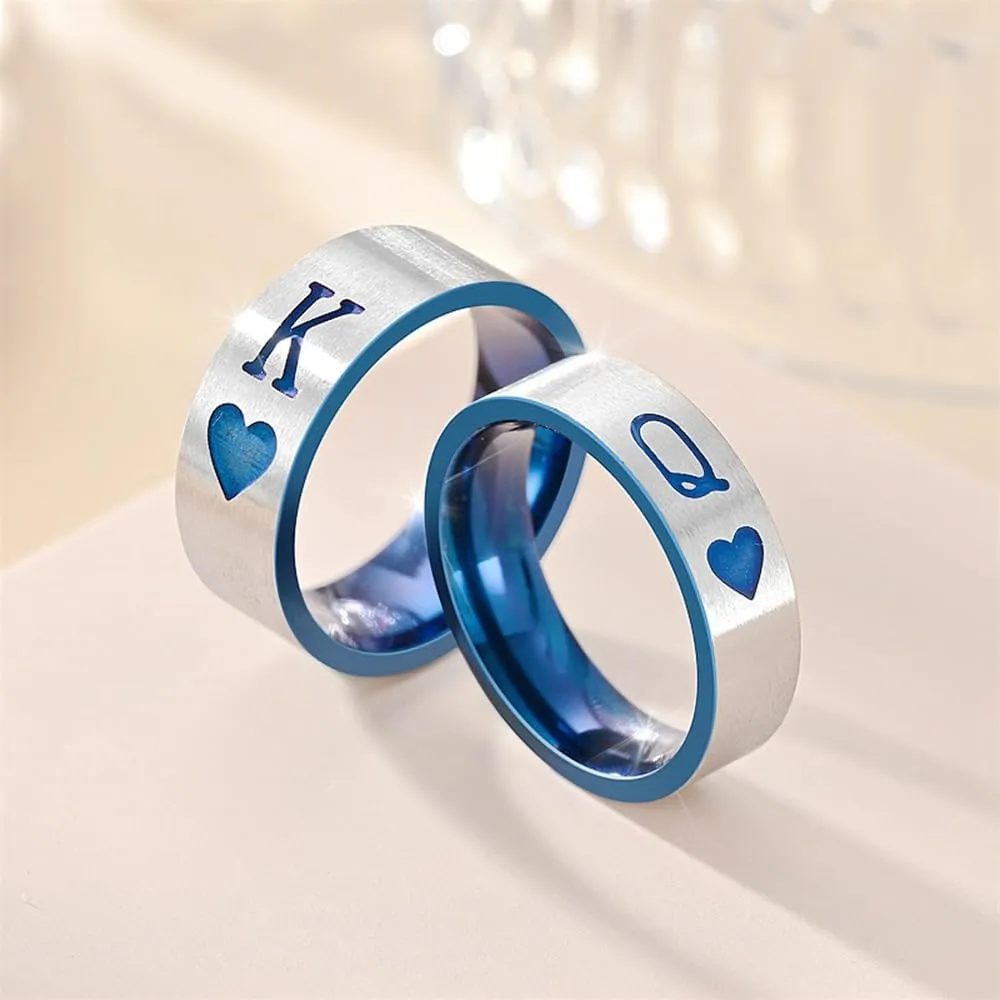 OIDIMS King & Queen Couple Matching Band Ring for Women Men Blue Stainless Steel Promise Love Heart Engagement Wedding Ring Comfort Fit Finger Anniversary Valentine's Day Birthday Eternity Gift