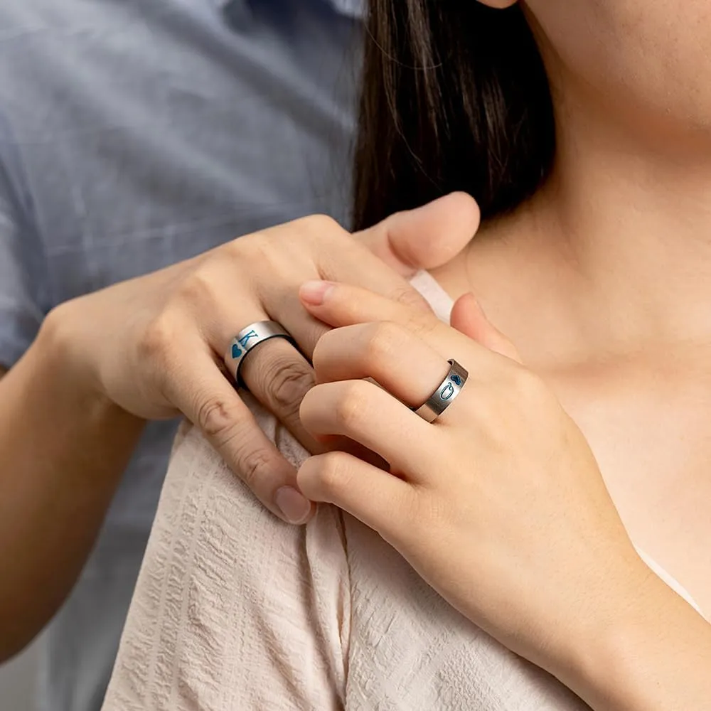 OIDIMS King & Queen Couple Matching Band Ring for Women Men Blue Stainless Steel Promise Love Heart Engagement Wedding Ring Comfort Fit Finger Anniversary Valentine's Day Birthday Eternity Gift