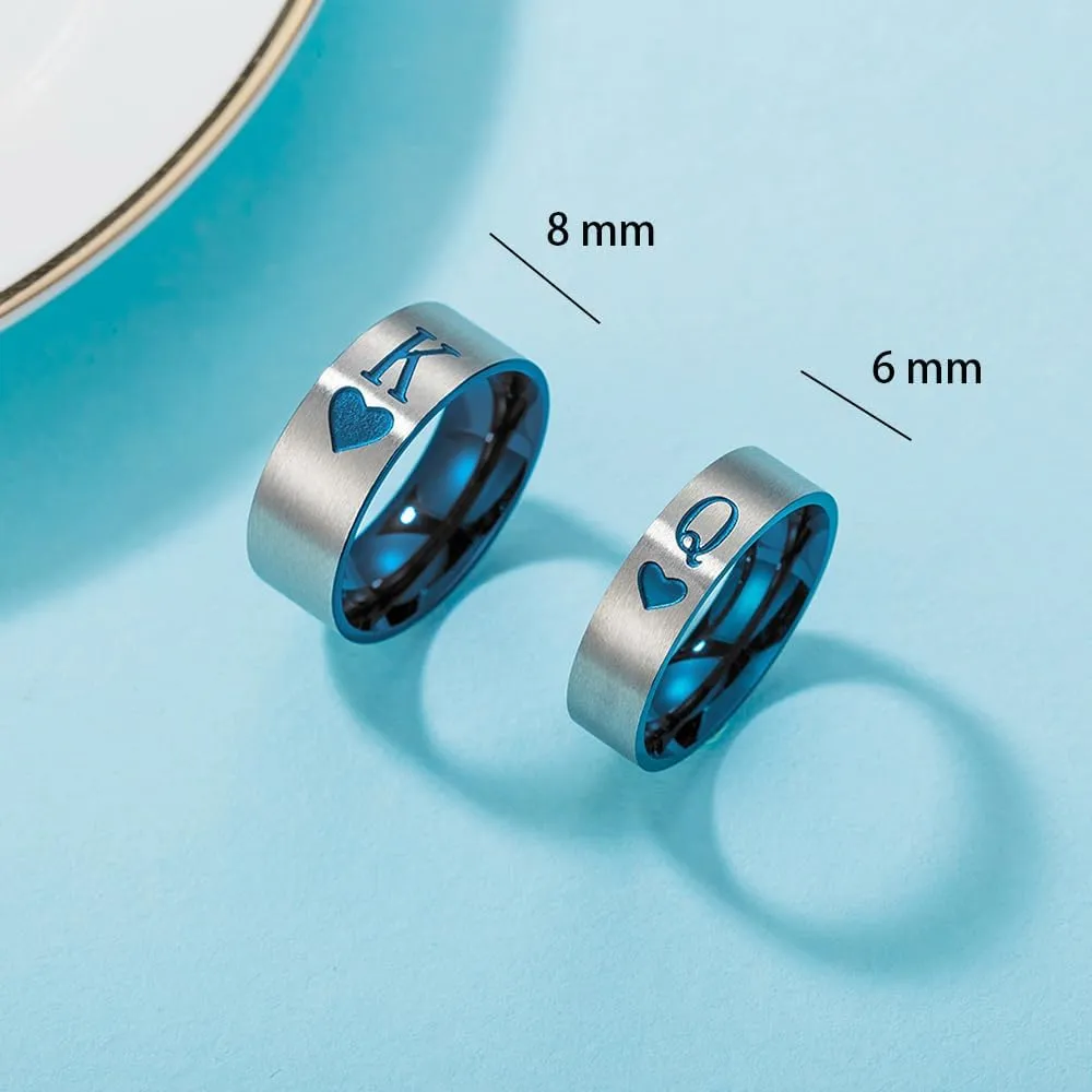 OIDIMS King & Queen Couple Matching Band Ring for Women Men Blue Stainless Steel Promise Love Heart Engagement Wedding Ring Comfort Fit Finger Anniversary Valentine's Day Birthday Eternity Gift