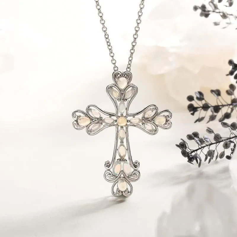 Opal Cross Necklace Inlaid with Tourmaline/Green Gem/Blue Diamonds Sterling Silver Chain Anniversary Wedding Jewelry for Women Cross Birthstone Necklaces 18"