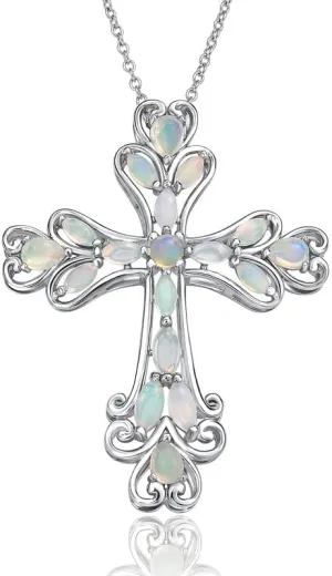 Opal Cross Necklace Inlaid with Tourmaline/Green Gem/Blue Diamonds Sterling Silver Chain Anniversary Wedding Jewelry for Women Cross Birthstone Necklaces 18"