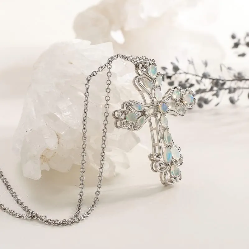 Opal Cross Necklace Inlaid with Tourmaline/Green Gem/Blue Diamonds Sterling Silver Chain Anniversary Wedding Jewelry for Women Cross Birthstone Necklaces 18"