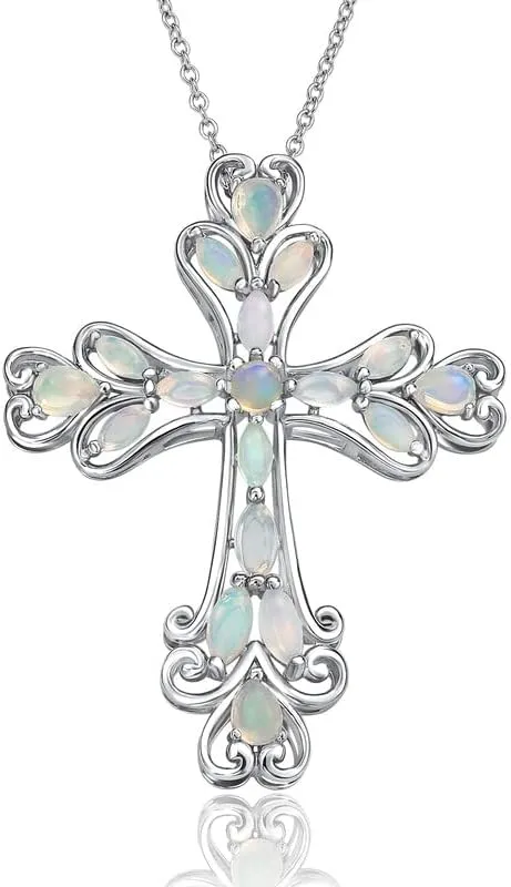 Opal Cross Necklace Inlaid with Tourmaline/Green Gem/Blue Diamonds Sterling Silver Chain Anniversary Wedding Jewelry for Women Cross Birthstone Necklaces 18"