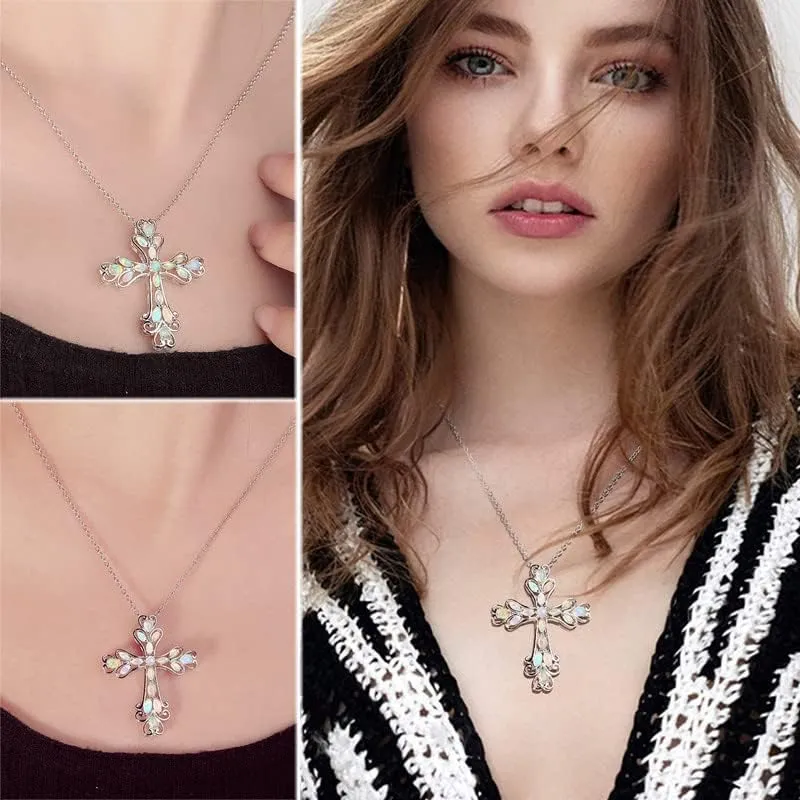 Opal Cross Necklace Inlaid with Tourmaline/Green Gem/Blue Diamonds Sterling Silver Chain Anniversary Wedding Jewelry for Women Cross Birthstone Necklaces 18"