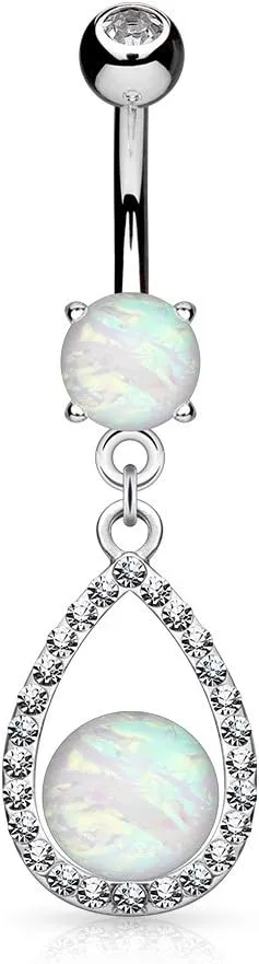Opal Glitter Center Crystal Paved Tear Drop Dangle Surgical Steel WildKlass Belly Button Navel Rings