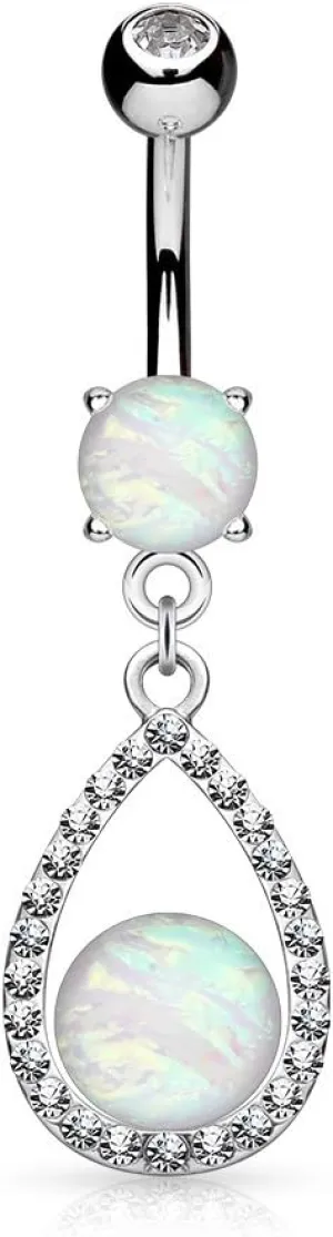Opal Glitter Center Crystal Paved Tear Drop Dangle Surgical Steel WildKlass Belly Button Navel Rings